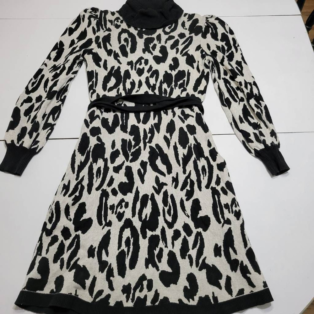 Who What Wear Womens Sweater Dress Black Leopard Print Belted Mock Neck S
